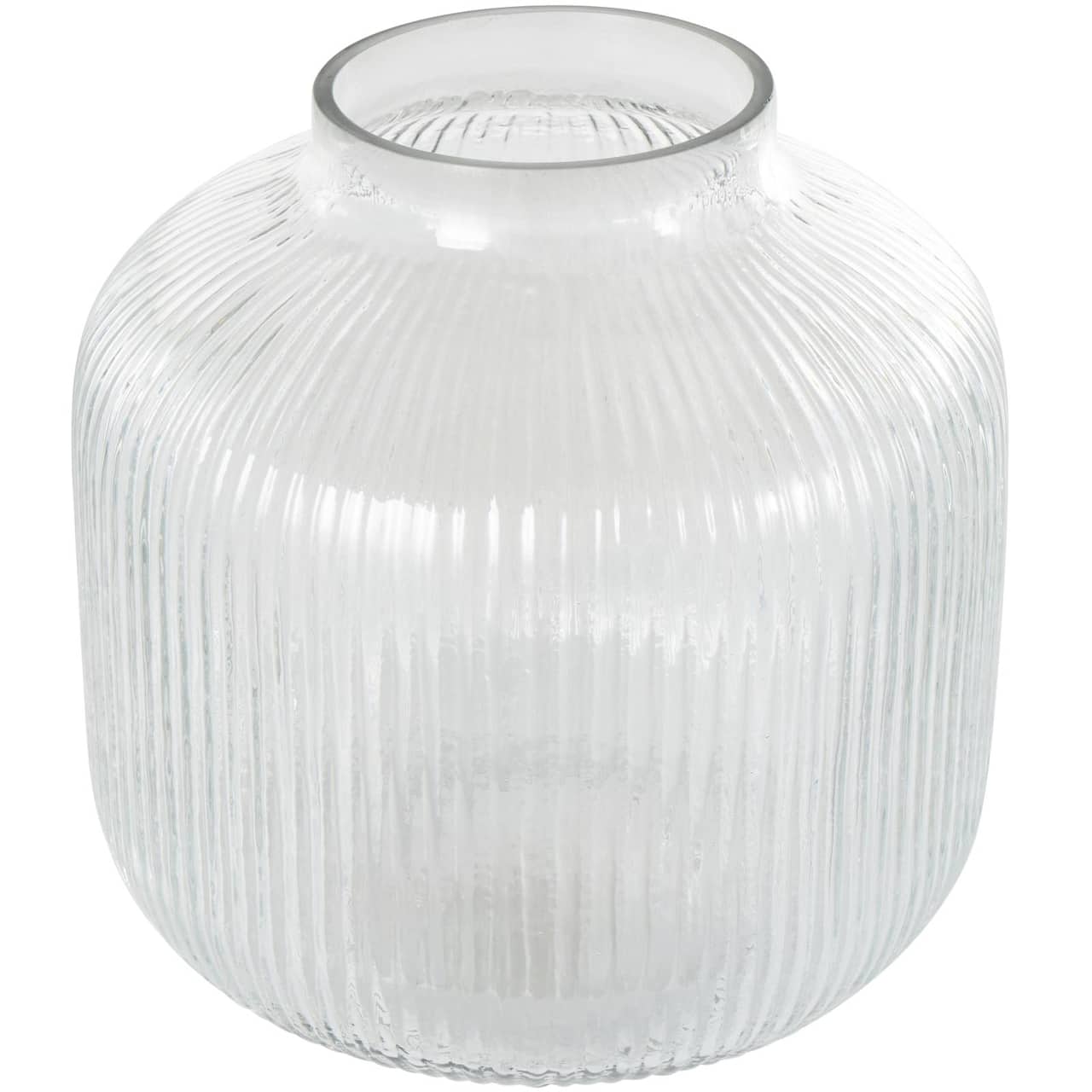 11" Clear Glass Short Round Ribbed Decorative Vase